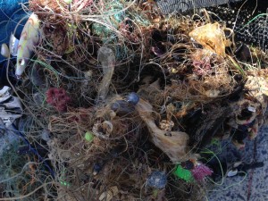 A tangled mess of fishing line, lures and hooks
