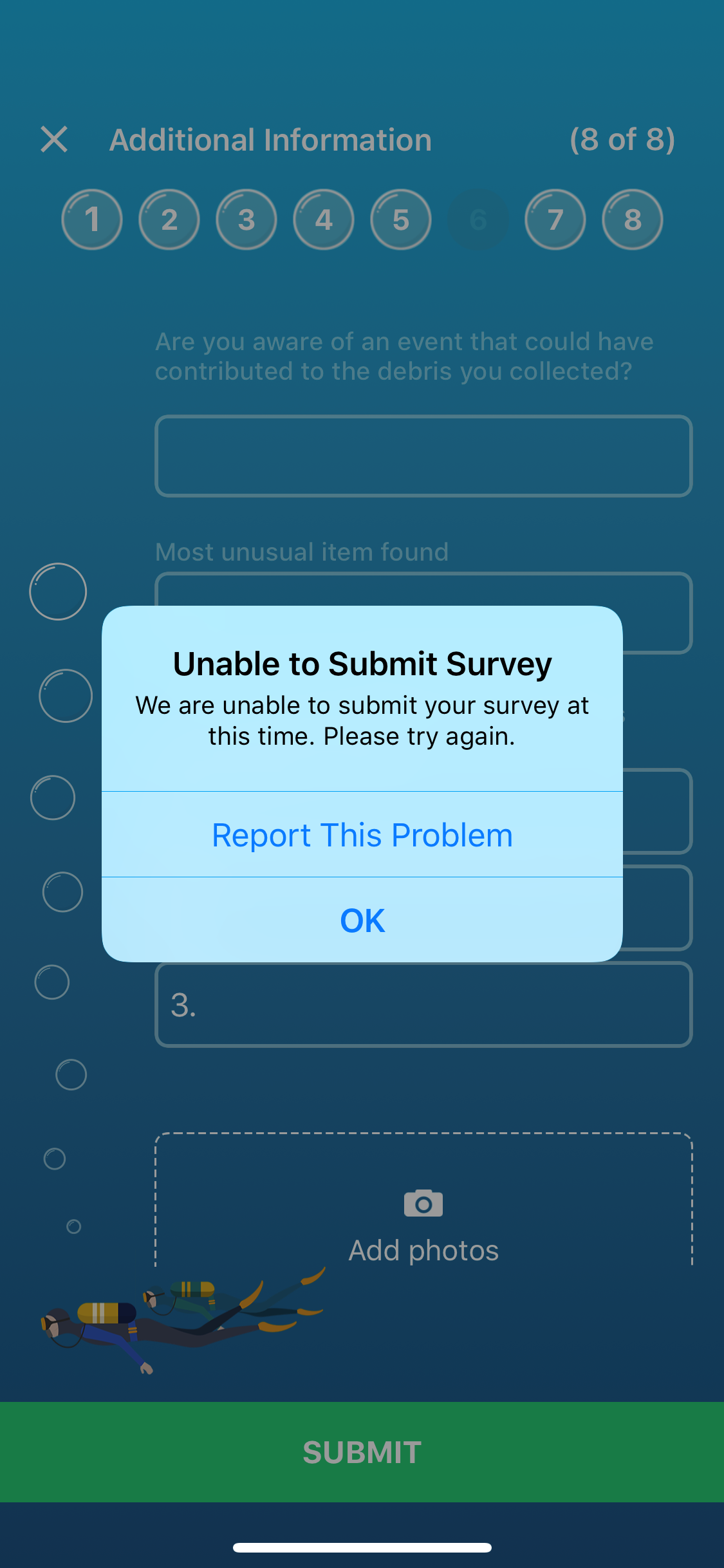Error message for unable to submit