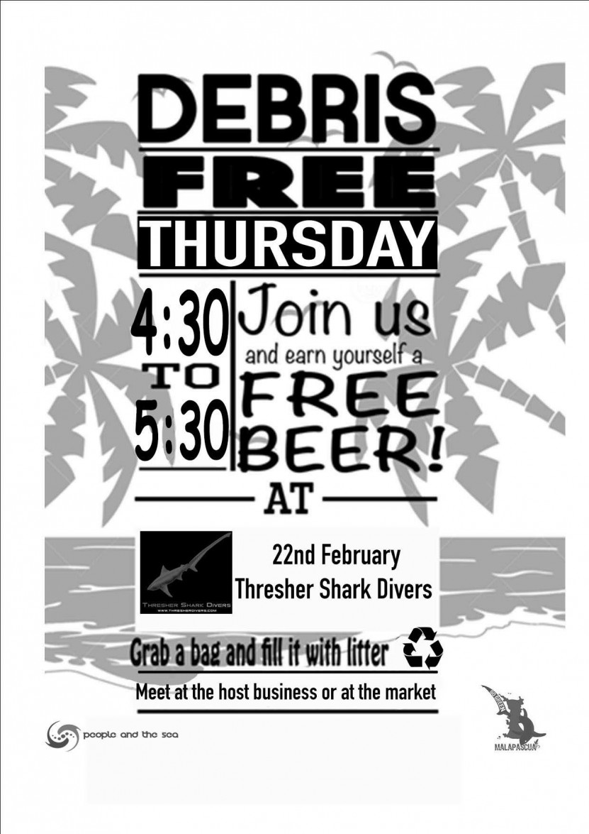 The first ever Debris Free Thursday on Malapascua is happening this Thursday and we are proud to be hosting it at Thresher Shark Divers! Everyone on the island is welcome to join us on this cleanup, there will be locals, schoolchildren, and divers galore! Come and join us at TSD at 4.30pm at Thursday! Free beer or soda for participation :)