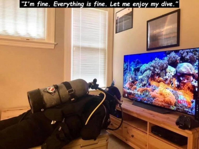 A diver in their living room looking at Chasing Coral on TV. Pandemic life.