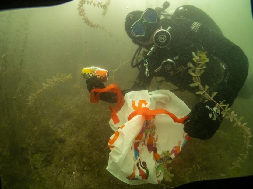 Clean Up Diver in the river with trash bag