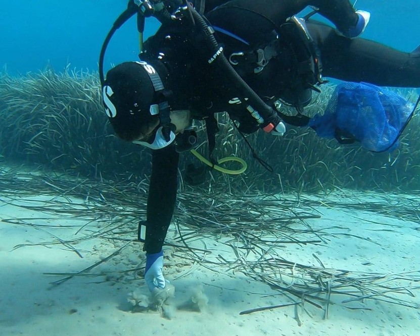 Diver collecting underwater debris